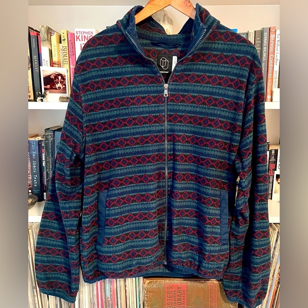 Original Use Geometric Striped Aztec Fleece Zip-Up Jacket Men’s Large Navy Red